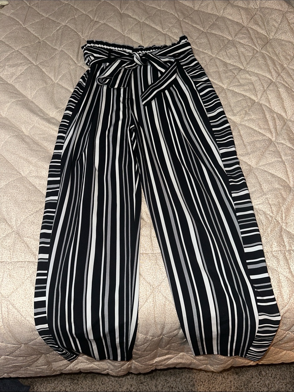 Jealous Tomato Black & White Striped Paperbag Waist Wide-Leg Pants